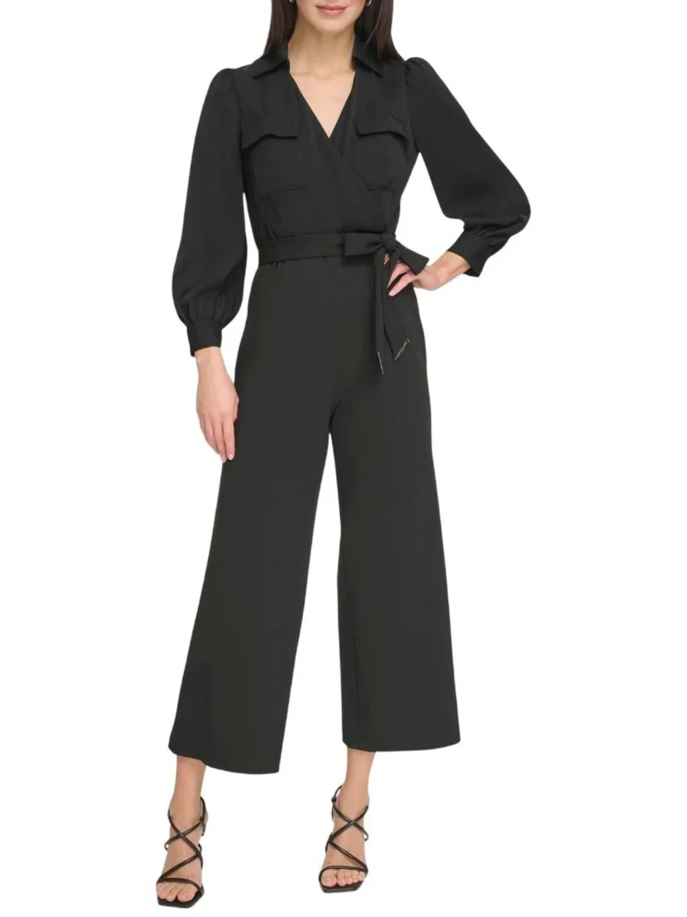 DKNY Belted Collared Tie Waist Jumpsuit DD3K284A Black 6